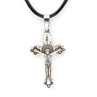 PU Collier Cordon, alliage de zinc, avec cuir PU, avec 5cm chaînes de rallonge, Crucifix, Plaqué de couleur d'argent, bijoux Christian, protéger l'environnement, sans nickel, plomb et cadmium Environ 17 pouce, Vendu par brin