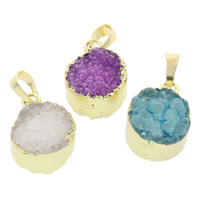 Natürliche Achat Anhänger Druzy, Eisquarz Achat, mit Messing, flache Runde, druzy Stil, gemischte Farben, 15x21x10mm-15x21x13mm, Bohrung:ca. 5x7mm, verkauft von PC