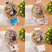 Reloj de Pulsera de mujeres, Cuero de PU, con dial de aleación de cinc & Vidrio, movimiento chino, chapado, diferentes patrones para la opción & para mujer & con diamantes de imitación, 40mm, longitud:aproximado 9.4 Inch, Vendido por UD