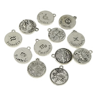 Zinklegierung Sternzeichen Anhänger, flache Runde, antik silberfarben plattiert, Konstellation Schmuck & verschiedene Muster für Wahl, 17x20x2mm, Bohrung:ca. 2mm, 50PCs/Tasche, verkauft von Tasche