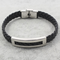 Los hombres de la pulsera y del brazalete, acero inoxidable, con Cuero de PU, trenzado, Negro, 42x12x5mm, longitud:aproximado 8 Inch, Vendido por Sarta