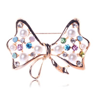 Broche Perle en plastique, alliage de zinc, avec fer, Noeud papillon, Plaqué d'or 18K, avec les perles en plastique & avec strass, protéger l'environnement, sans nickel, plomb et cadmium Vendu par PC