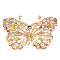 Broche Perle en plastique, alliage de zinc, avec Plastique ABS perle & fer, papillon, Plaqué d'or 18K, avec strass, protéger l'environnement, sans nickel, plomb et cadmium Vendu par PC