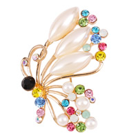 Broche Perle en plastique, alliage de zinc, avec fer, papillon, Plaqué d'or 18K, avec les perles en plastique & avec strass, protéger l'environnement, sans nickel, plomb et cadmium Vendu par PC