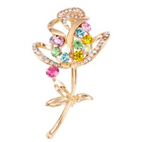 Broche de diamantes de imitación de la aleación de Zinc, con fundición, Flor, chapado en oro de 18 K, con diamantes de imitación, libre de níquel, plomo & cadmio, 30x52mm, Vendido por UD