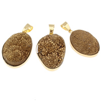 Cuarzo natural Druzy Colgantes, con Fianza de Latón, Óvalo, chapado en color dorado, amarillo, 23x36x10mm-25x40x14mm, agujero:aproximado 6x8mm, Vendido por UD