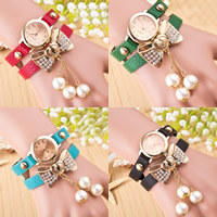 Reloj Wrap, aleación de zinc, con Perlas de plástico ABS & Cuero de PU & Vidrio, movimiento chino, Lazo, chapado en color dorado, ajustable & para mujer & con diamantes de imitación & 2-sarta, más colores para la opción, libre de níquel, plomo & cadmio, 30mm, longitud:aproximado 17 Inch, Vendido por UD