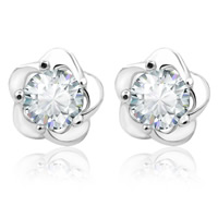 Zircon cubique (CZ) Stud Earring, alliage de zinc, acier inoxydable puce boucle d'oreille, fleur, Placage de couleur argentée, avec zircone cubique, protéger l'environnement, sans nickel, plomb et cadmium, 8mm, Vendu par paire