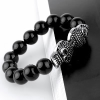 Los hombres de la pulsera y del brazalete, Partículas de acero, con Ágata negra, Calavera, natural, para hombre & ennegrezca, 15.50mm, longitud:aproximado 8.2 Inch, Vendido por Sarta