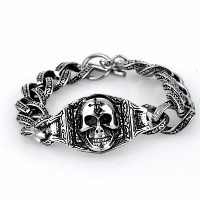 Partículas de acero Pulsera, Calavera, giro oval & para hombre & ennegrezca, 24mm, longitud:aproximado 7.6 Inch, Vendido por Sarta