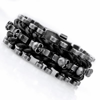 Acier titane bracelet, avec cuir de peau de vache, crane, pour homme & noircir, 24.50mm Environ 9 pouce, Vendu par brin