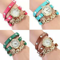 Reloj Wrap, Cuero de PU, con dial de aleación de cinc & Vidrio, movimiento chino, palabra amor, chapado en color dorado, con el perno prisionero del remache & para mujer & 3-aro & con diamantes de imitación, más colores para la opción, 27mm, longitud:aproximado 23.2 Inch, Vendido por UD