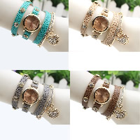 Reloj Wrap, aleación de zinc, con Cuero de PU & Vidrio, movimiento chino, chapado en color dorado, para mujer & 3-aro & con diamantes de imitación, más colores para la opción, 26mm, longitud:aproximado 22 Inch, Vendido por UD