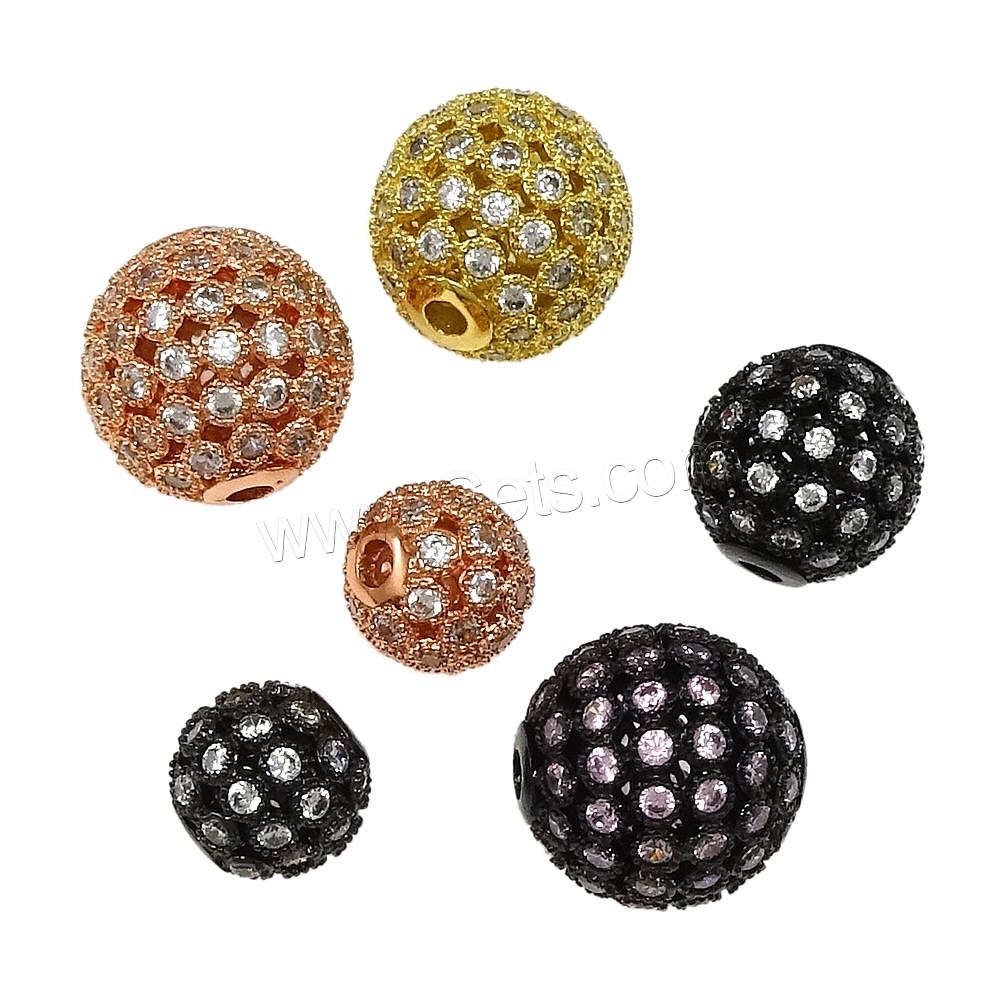 Cubic Zirconia Micro Pave Brass Beads, Round, plated, different size for choice & micro pave cubic zirconia & hollow, more colors for choice, Hole:Approx 2mm, Sold By PC