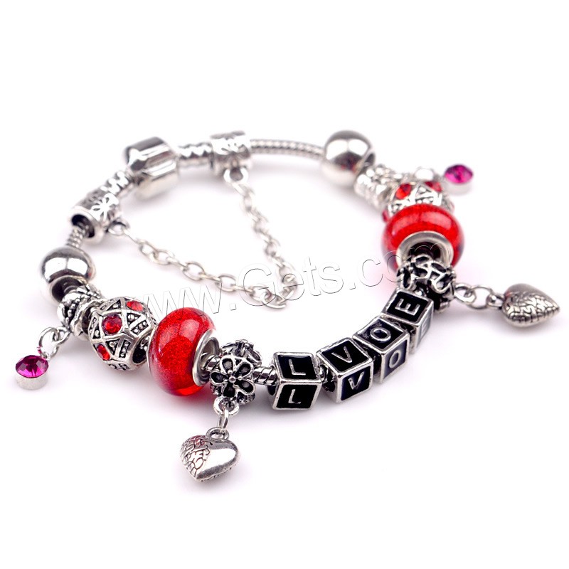 European Match Cristal Bracelets, alliage de zinc, avec chalumeau & laiton, coeur, mot amour, Plaqué de couleur d'argent, longueur différente pour le choix & émail & avec strass, protéger l'environnement, sans nickel, plomb et cadmium, 180-200mm, Vendu par brin