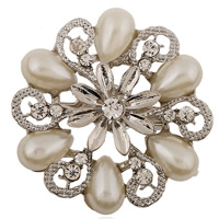 Broche Perle en plastique, alliage de zinc, avec Plastique ABS perle, fleur, Placage de couleur platine, avec strass, protéger l'environnement, sans nickel, plomb et cadmium Vendu par PC