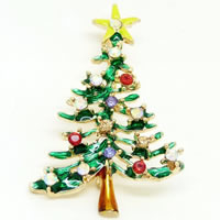 Broche Joyería Navidad, aleación de zinc, Árbol de Navidad, chapado en color dorado, Joyas de Navidad & esmalte & con diamantes de imitación, libre de níquel, plomo & cadmio, 50x30mm, Vendido por UD