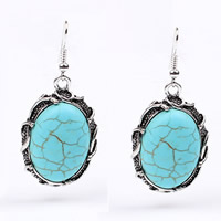 Turquoise Zinc Alloy Earring, with Synthetic Turquoise, iron earring hook, Oval, antique silver color plated, nickel, lead & cadmium free 