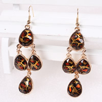 Resin Zinc Alloy Earring, with Resin, iron earring hook, Teardrop, gold color plated, faceted & with rhinestone & leopard pattern, nickel, lead & cadmium free, 60mm 