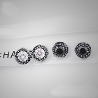 Titanium Steel Stud Earring, Flat Round, with rhinestone & blacken 