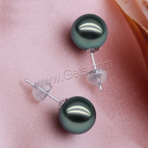 Tahitian Pearls, with plastic earnut, brass post pin, Round, natural, different size for choice, black, Sold By Pair