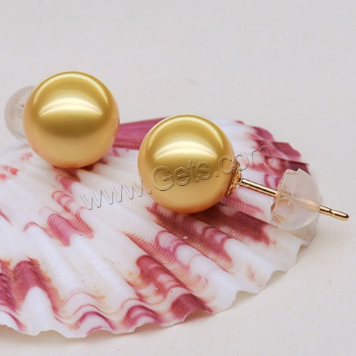 Golden South Sea Pearl Stud Earring, with plastic earnut, 18K gold post pin, Round, natural, different size for choice, Sold By Pair