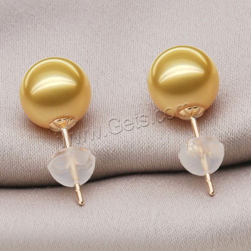 Golden South Sea Pearl Stud Earring, with plastic earnut, 18K gold post pin, Round, natural, different size for choice, Sold By Pair