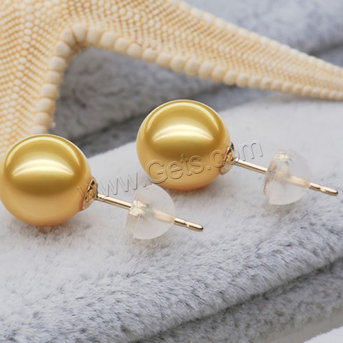 Golden South Sea Pearl Stud Earring, with plastic earnut, 18K gold post pin, Round, natural, different size for choice, Sold By Pair