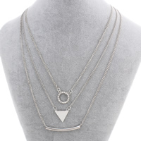 Collier de mode Multi couche, alliage de zinc, avec chaîne de fer, avec 6.5cm chaînes de rallonge, triangle, Placage de couleur platine, chaîne de torsion ovale & 3 brins & avec strass, protéger l'environnement, sans nickel, plomb et cadmium - Environ 15.7 pouce, Vendu par brin