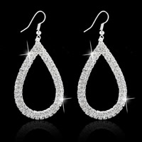 Boucle d'oreille de zinc alliage strass goutte, alliage de zinc, fer boucle d'oreille crochet, larme, Placage de couleur argentée, avec strass, protéger l'environnement, sans nickel, plomb et cadmium Vendu par paire