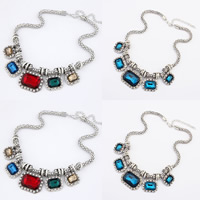 Collier de chaîne fer En alliage de zinc, avec chaîne de fer & verre, avec 5cm chaînes de rallonge, rectangle, Plaqué de couleur d'argent, chaîne en lanterne & facettes & avec strass, plus de couleurs à choisir, protéger l'environnement, sans nickel, plomb et cadmium, 36mm Environ 15.5 pouce, Vendu par brin