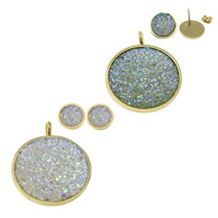 Fashion Stainless Steel Jewelry Sets, pendant & earring, with Resin, Flat Round, gold color plated, colorful plated Approx 5mm 