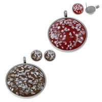 Parures de bijoux en acier inoxydable, pendentif & boucle d'oreille, avec coquille & résine, Plat rond, Placage, naturel, plus de couleurs à choisir Environ 5mm, Vendu par fixé