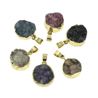 Natürliche Achat Anhänger Druzy, Eisquarz Achat, mit Eisen Stiftöse, flache Runde, goldfarben plattiert, druzy Stil, keine, 15x7mm-17x10mm, Bohrung:ca. 5x6mm, verkauft von PC