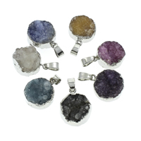 Natural Agate Pendentif Druzy, agate quartz de glace, avec caution de fer, Plat rond, Placage de couleur argentée, naturel & le style Druzy, plus de couleurs à choisir - Environ Vendu par PC