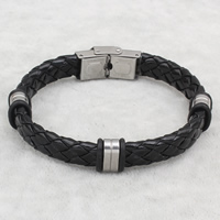 Los hombres de la pulsera y del brazalete, acero inoxidable, con Cuero de PU & silicona, Negro, 5x12x6mm, longitud:aproximado 7.5 Inch, Vendido por Sarta