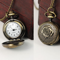 Collar De Reloj, aleación de zinc, con cadena de hierro & Vidrio, movimiento chino, Flor, chapado en color bronce antiguo, giro oval, 27mm, longitud:aproximado 32 Inch, Vendido por Sarta