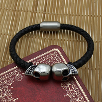 Los hombres de la pulsera y del brazalete, Cuero de vaca, con silicona & acero inoxidable, Calavera, ennegrezca, Negro, 6mm, 20x13.5x13mm, 19x10x10mm, longitud:aproximado 8.2 Inch, Vendido por Sarta