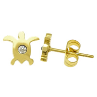 mit Strass besetzter Ohrstecker aus Edelstahl, Schildkröter, goldfarben plattiert, 7x7x1.5mm, verkauft von Paar