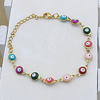 Mal pulsera ojo, acero inoxidable, con 2lnch extender cadena, ojo de malvado, chapado en color dorado, Islam joyas & cadena de la barra & esmalte, multicolor, 11x6x4mm, longitud:aproximado 6 Inch, Vendido por Sarta