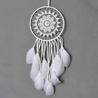 Fashion Dream Catcher, Iron, with Feather & Nylon Cord & Wood, white, lead & cadmium free, 150mm 