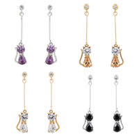 Boucles d'oreilles en laiton zircon cubique, chat, Placage, sans embout de boucle d'oreille & avec zircone cubique & facettes, plus de couleurs à choisir, 245mm, Vendu par paire