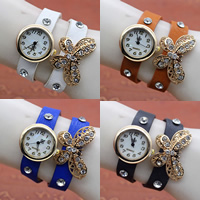 Reloj Wrap, aleación de zinc, con Cuero de PU & Vidrio, movimiento chino, Mariposa, chapado en color dorado, con diamantes de imitación & 2-sarta, más colores para la opción, 25mm, longitud:aproximado 15 Inch, Vendido por Sarta