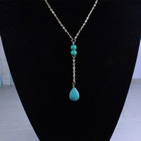 Bijoux de fer prêt à porter de collier , avec turquoise synthétique, avec 5cm chaînes de rallonge, Placage de couleur platine, chaîne ovale, sans plomb et cadmium Environ 15.5 pouce, Vendu par brin