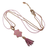 Collier en acier inoxydable Pull, avec Ciré de coton & cuir de peau de vache, avec 1.5lnch chaînes de rallonge, glandpompon, Plaqué de couleur d'or rose, chaîne à billes & émail & 2 fils, rose 2mm Environ 23 pouce, Vendu par brin