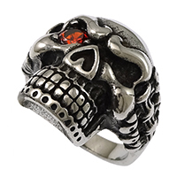 Anillo de dedo de acero inoxidable hombre, Calavera, con diamantes de imitación & ennegrezca, 22mm, tamaño:11, Vendido por UD