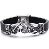 Los hombres de la pulsera y del brazalete, acero inoxidable, con Cuero de vaca, Moto, para hombre & ennegrezca, 12mm, longitud:aproximado 8.6 Inch, Vendido por Sarta