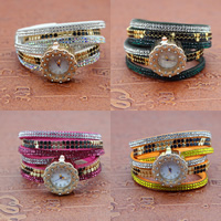 Pulsera Reloj de Moda, aleación de zinc, con cordón de lana & Vidrio, movimiento chino, chapado en color dorado, ajustable & con diamantes de imitación, más colores para la opción, 38mm, longitud:aproximado 9 Inch, Vendido por Sarta