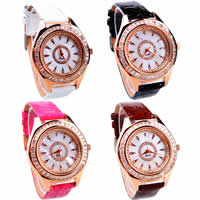 Women Wrist Watch, Zinc Alloy, with Cowhide & Glass, rose gold color plated, with rhinestone cadmium free, 40mm, 18mm Approx 9 Inch 