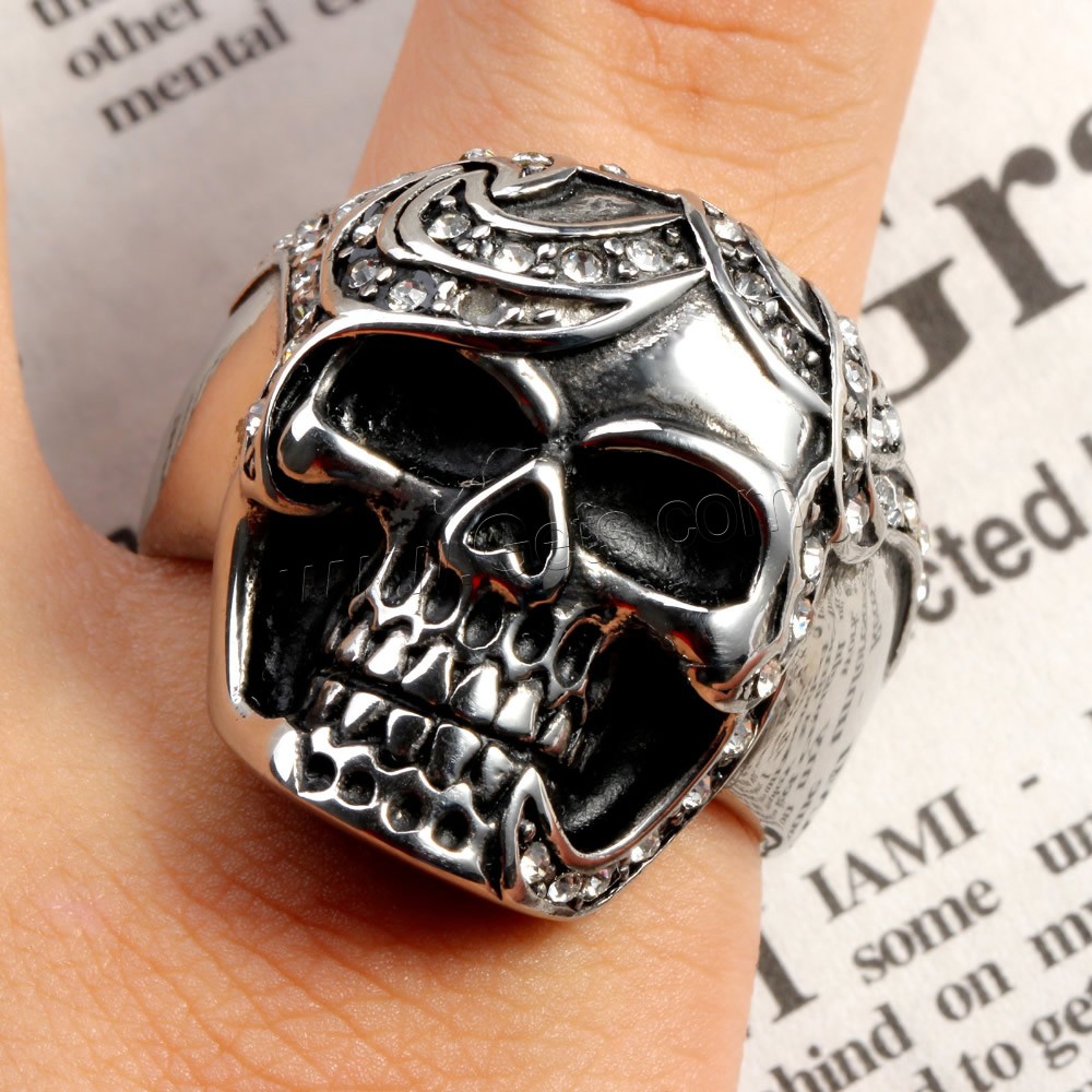 Anillo de dedo de acero inoxidable hombre, Partículas de acero, Calavera, diverso tamaño para la opción & con diamantes de imitación & ennegrezca, Vendido por UD